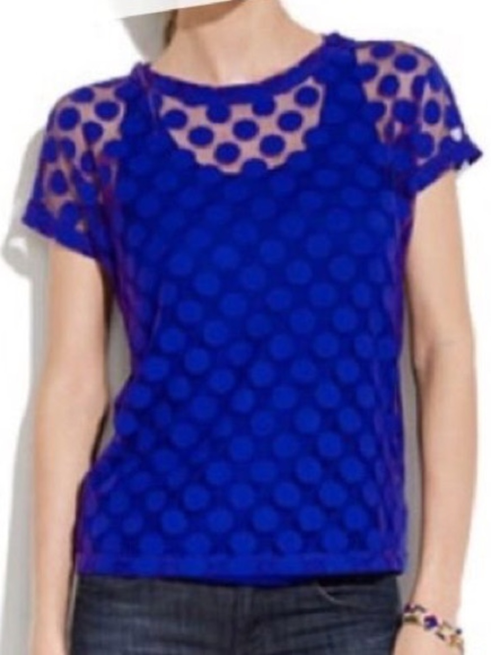 Sheer Polka-Dot Short Sleeve Blouse in Purple